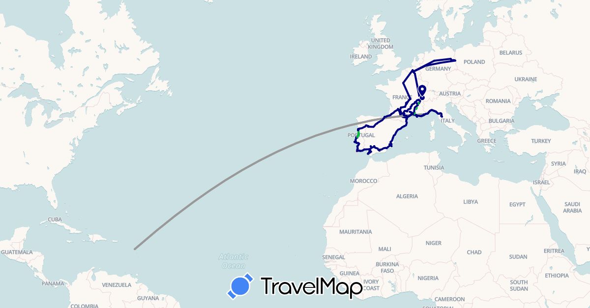 TravelMap itinerary: driving, bus, plane, hiking in Belgium, Switzerland, Germany, Spain, France, Italy, Portugal (Europe)